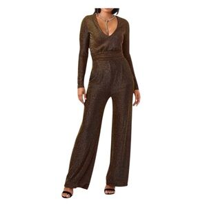 Boston Proper Metallic Glitter V-Neck Long Sleeve Wide Leg Jumpsuit. Size Small.